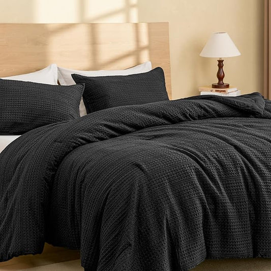 PHF Soft Waffle Comforter Set Queen Size- Comfy Breathable Waffle Weave Comforter with 2 Pillow Shams, 3 Pieces Less Snagging Lightweight Textured Bedding Set for All Season, Black