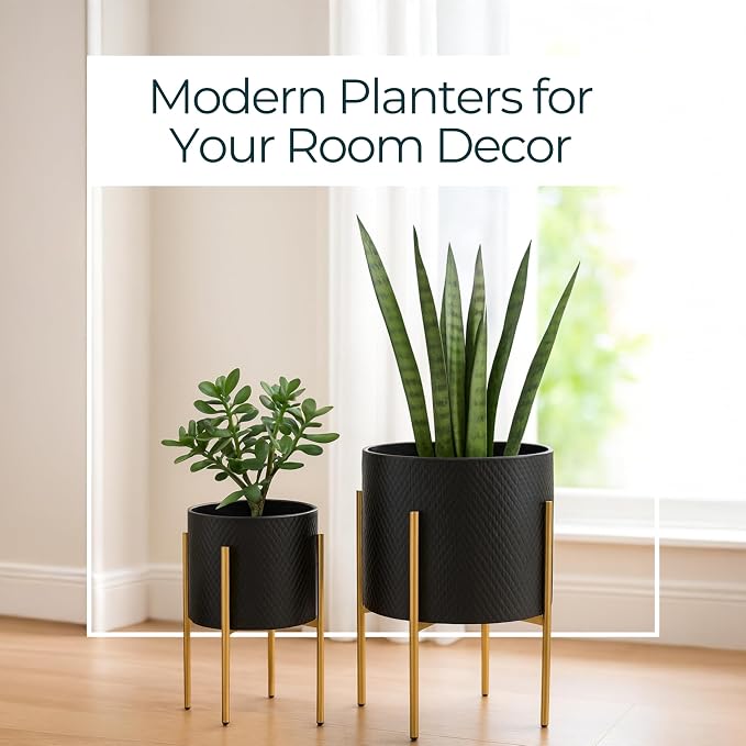 Decorative Flower Pots with Metal Stand for Home Decor - Modern Planters for Hallway, Entryway, and Living Room Decor - Indoor and Outdoor Pots for Plants - Set of 2, 23", 19", Black & Gold