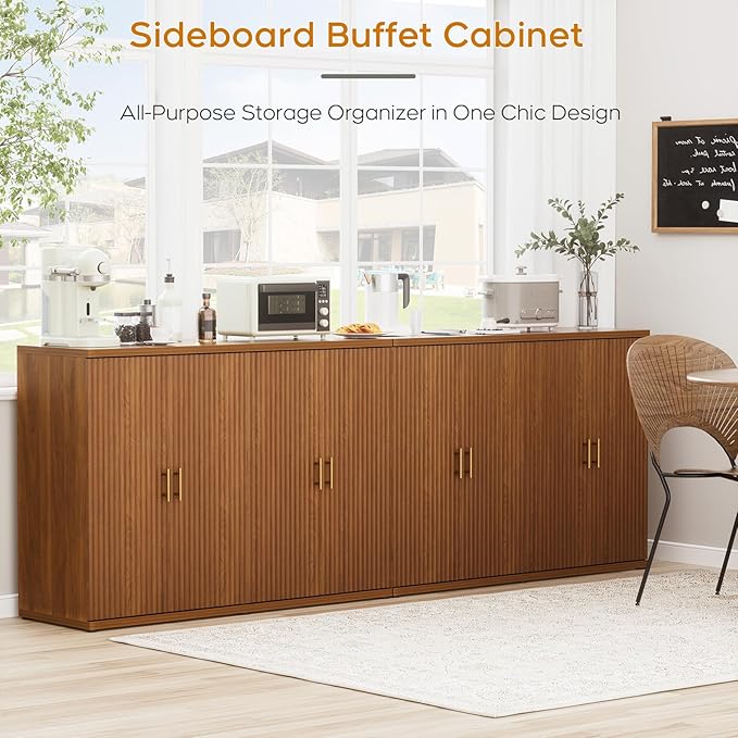 Yechen 94.6" Walnut Fluted Sideboard Buffet Cabinet with Storage and 8 Doors, Mordern Credenza Storage Cabinet with Adjustable Shelves, Media Console Table, for Living Room Dinning Kitchen(2 PCS)