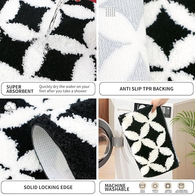 Civkor Black and White Bathroom Rug Non Slip Washable, Tufted Bath Mat for Bathroom with TPR Backing, Quick Dry Fluffy Microfiber Piles, Super Water Absorbent Thin Bath Rug Fit Under Door, 24x16Inch