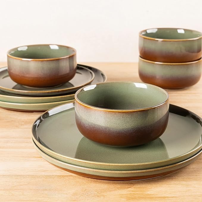 TheTerra Ceramic Dinnerware Sets for 4, 12 Pieces Handmade Reactive Glaze Plates and Bowls Set, Scratch Resistant Dish Set, Oven & Microwave & Dishwasher Safe, Sage Umber