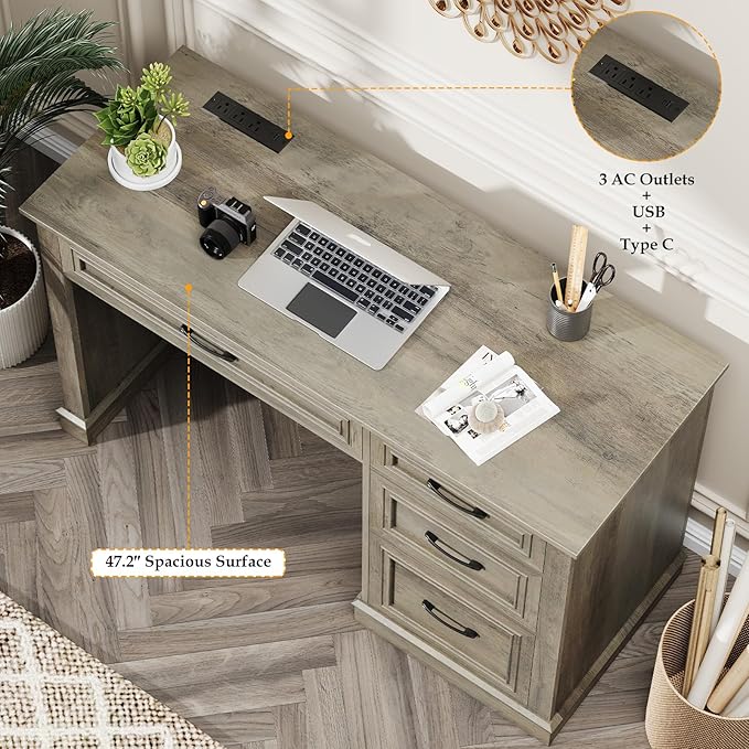 Vabches Farmhouse 47" Executive Desk, Computer Desk with Drawers and File Drawer, Workstation Computer Desk with Charging Station for Home Office,Study,（Dark Grey
