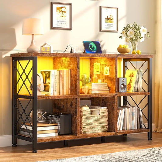 DurayLoly 6 Cube Storage Shelf with LED Light and Charging Station, Wood and Metal Cube Shelf as Long Horizontal Book Shelf for Bedroom Home Office, Rustic Brown
