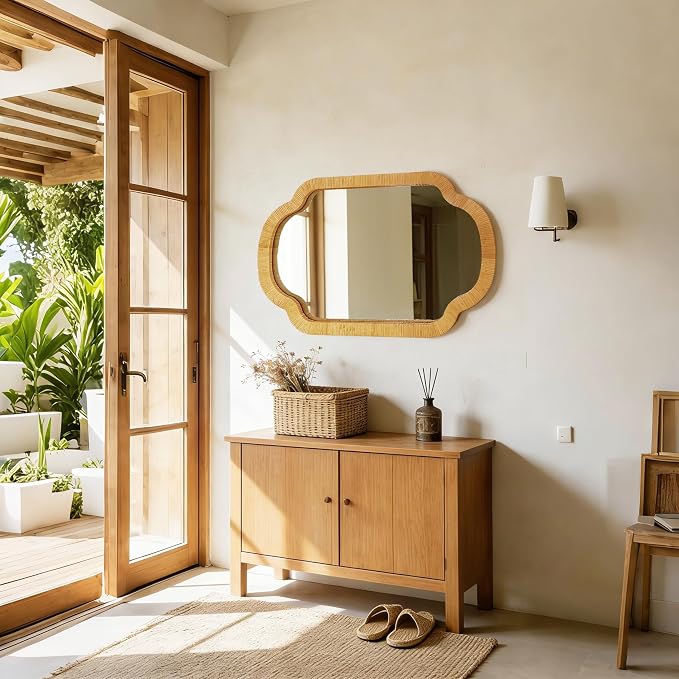 BAODANFU Natural Scalloped Rattan Wall Mirror, 24"×36" Hand-Woven Decorative Mirror for Entryway, Bathroom, Bedroom, Dining Living Room, French Vintage/Wabi-Sabi Home Decor, Horizontal/Vertical
