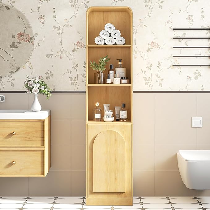 Slim Bathroom Storage Cabinet with Arched Door, Tall Narrow Cabinet with 5 Tier Adjustable Shelves, Mid Century Modern Floor Cabinet for Living Room, Kitchen, Wood, Thin
