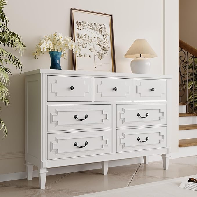 7 Drawer Dresser for Bedroom, 36" Tall Dresser & Chest of Drawers wtih Vintage Surface, Closet Storage Cabinet for Living Room, Hallway, White