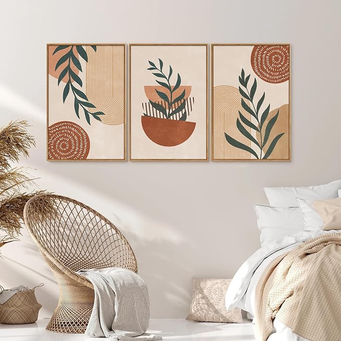 Rantodecor Large Boho Framed Canvas Wall Art Set of 3, Mid Century Modern Wall Decor, Bohemian Beige Geometric Line Art Paintings, Neutral Sage Green Leaf for Bedroom Living Room Office Home 16"x24"