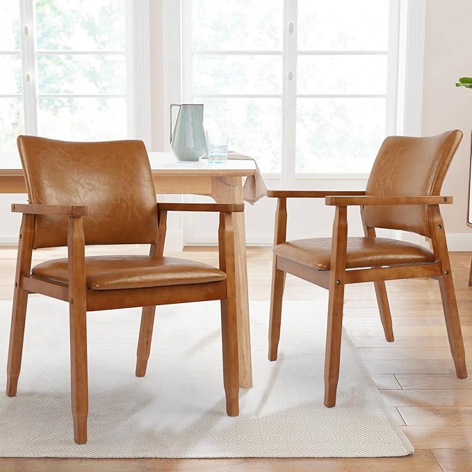 NOBPEINT Mid-Century Dining Side Chair with Faux Leather Seat in Brown, Arm Chair in Walnut, Set of 2