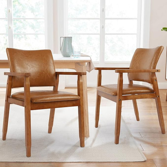 NOBPEINT Mid-Century Dining Side Chair with Faux Leather Seat in Brown, Arm Chair in Walnut, Set of 2