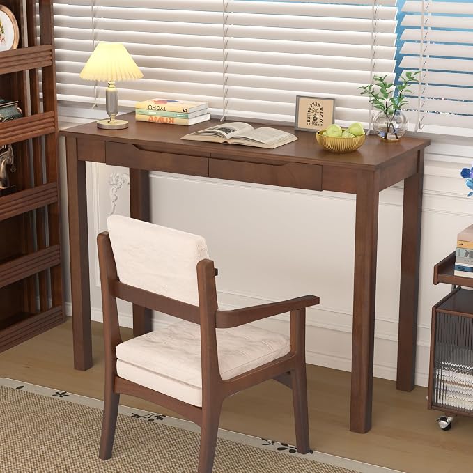 100% Solid Wood Desk with 2 Drawers, 39 x 16 Inch Narrow Mid Century Modern Desk, Vintage Small Wooden Writing Table for Small Spaces Bedroom, Living Room, Office