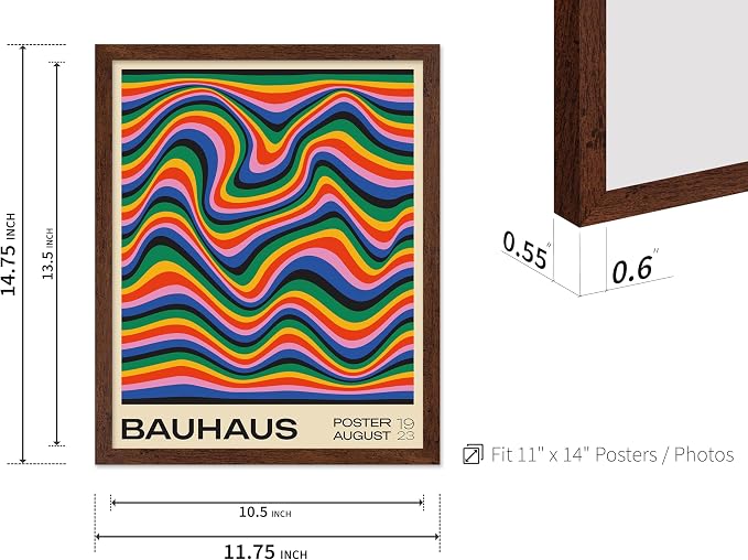 Poster Master Bauhaus Poster - Psychedelic Waves Print - Abstract ART - Rainbow ART - Groovy Style - Chic Boho - Mid Century Modern - Living Room or Bedroom Wall Decor - 11x14 Brown Framed