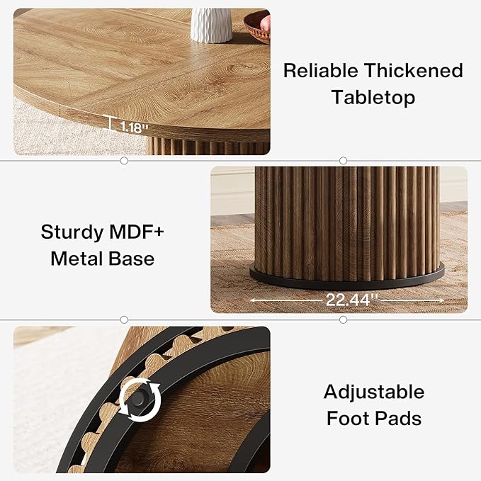 Tribesigns 47.24-Inch Brown Round Dining Table for 4-6 People, Modern Fluted MDF + Metal Base Kitchen Table, Sturdy Circle Dining Room Furniture, Brown
