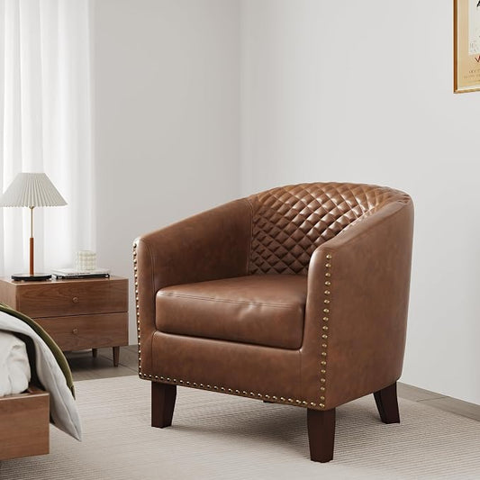 Accent Barrel Chair, Upholstered Faux Leather Club Chair with Nailed Trim, Comfy Reading Armchair for Living Room Bedroom Reception Room Office (Brown, Set of 1)