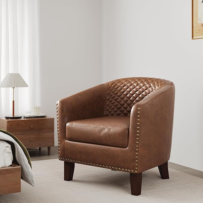 Accent Barrel Chair, Upholstered Faux Leather Club Chair with Nailed Trim, Comfy Reading Armchair for Living Room Bedroom Reception Room Office (Brown, Set of 4)