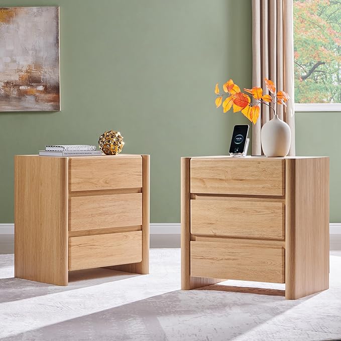 25" Tall Modern Nightstand Set of 2, 23.6" W Nightstand with Charging Station & 3 Storage Drawers & Open Shelf, Wood Night Stand w/Rounded Corner Design for Bedroom, Living Room (Natural)
