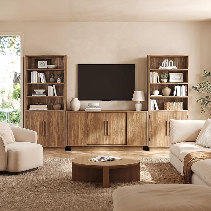 ModernMate 63'' Sideboard Buffet Cabinet with 4 Sliding Doors, Wood Credenza Storage Cabinet with Pedestal Base, Large Side Board with Adjustable Shelf for Living Room, Kitchen, Hallway, Walnut