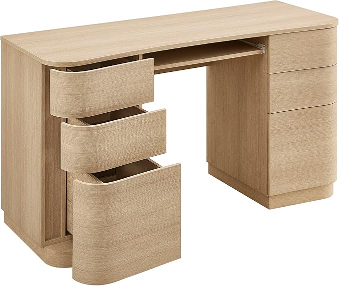 Modway Mirae 55 Inch Computer Desk with Drawers in Brushed Light Oak – Modern Compact Office Desk with Keyboard Tray, Curved Edges, and 6 Storage Drawers for Bedroom, Dorm Room, or Vanity Setup