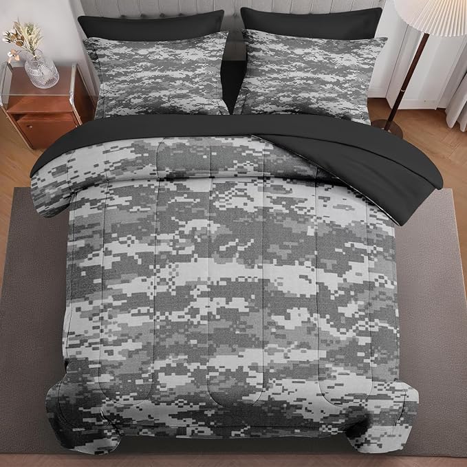 7Pcs Comforter Set King Size, Gray Camouflage Digital Camo Army Military, Bedding Decor Navy Brown Us Black White Bedroom Bed Set Flat Sheet Fitted Sheet Pillowcases Shams for Kids Adults
