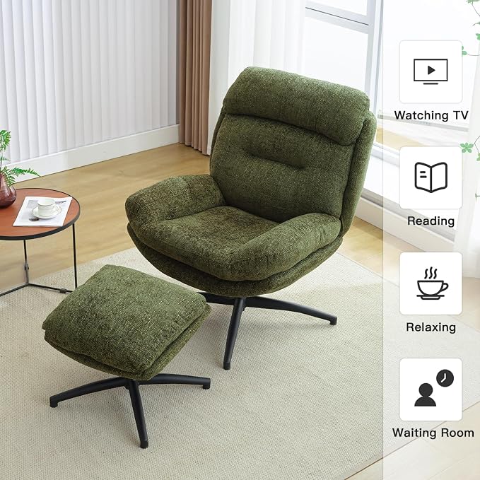 Swivel Accent Chair with Ottoman Set for Living Room, Chenille Comfy Reading Chair with High Back, TV Lounge Chair with 360 Degree Swiveling, Tilting for Bedroom, Modern Armchair with Footrest, Green