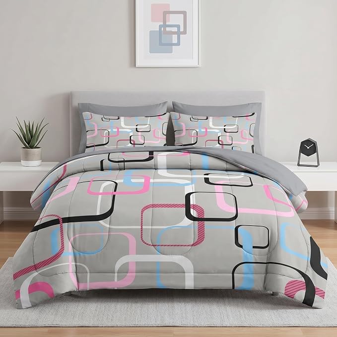 Nesker 7 Pcs Comforter Set Full Size, Geometric Retro Square Bedding Set for Kids and Adults, Grey Colorful Bed Sheet Sets with Fitted Sheet 2 Pillowcases & 2 Shams