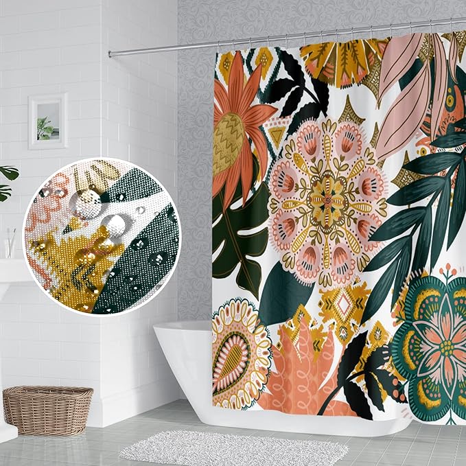 Bohemian Floral Bathroom Boho Abstract Tropical Leaves Flowers Shower Curtain with Hooks, Polyester Waterproof Fabric Paisley Unique Trendy Woman Decor, 72x78 Inch