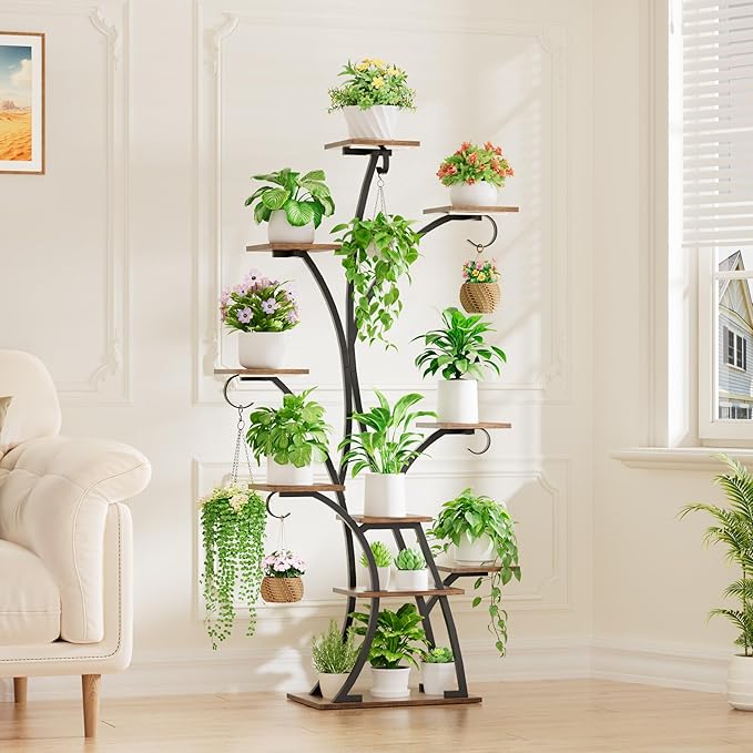 Plant Stand Indoor with Grow Lights - Lighted Plant Shelf Indoor, 64" Tall Corner Plant Stands for Indoor Growing, 10 Tier Flower Display Shelf, Large Tree-Shaped Holder for Home, Living Room, Black