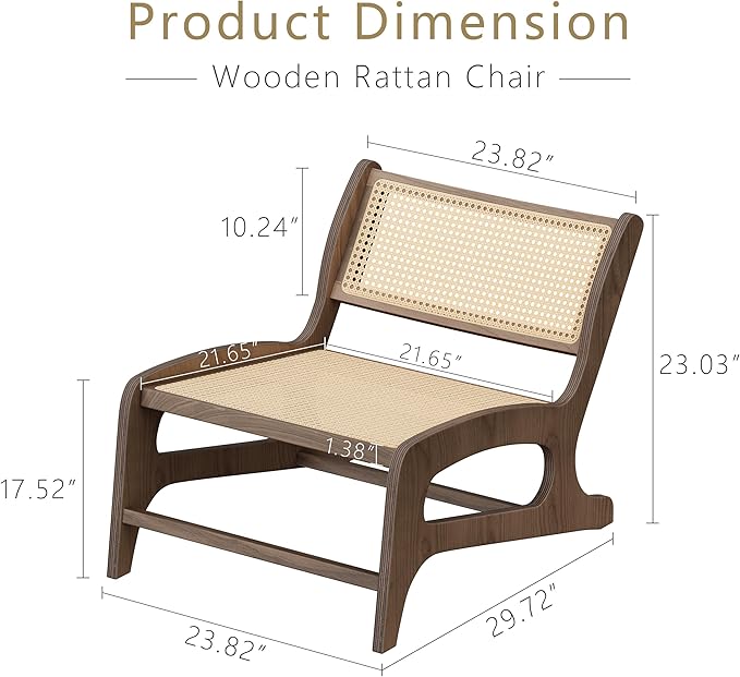 Chogori Mid Century Modern Wooden Lounge Chair Armless Rattan Accent Chair Lightweight Boho Style Seating Comfortable Single Chair for Living Room, Bedroom, or Patio (Walnut, Set of 2)