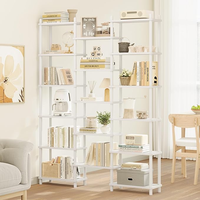 IOTXY Wooden Triple Wide Bookshelf - 6-Tier Large Shelf Bookcase with Solid Beech Frame, Tall Freestanding Open Etagere Display Rack for Home Office, White