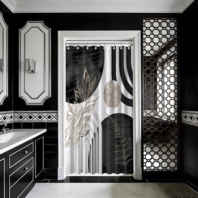 Mid Century Modern Black and White Shower Curtain Cool Charcoal Grey Silver Shower Curtains for Mens Bathroom Decor Sets, Abstract Boho Pattern, Waterproof Cloth Fabric with Hooks 48x72 in