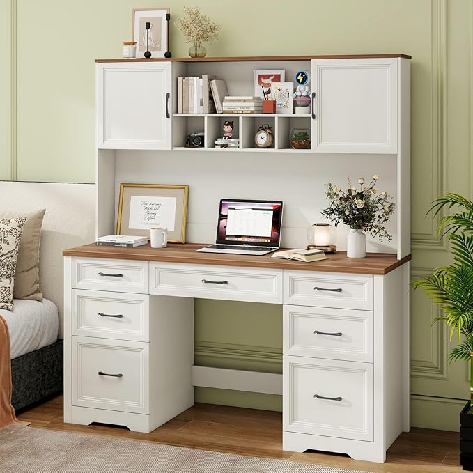 Vabches Farmhouse Executive Desk with 7 Drawers and Storage Cabinet, Rustic Large Home Writing Desk with Hutch, Workstation for Bedroom, White