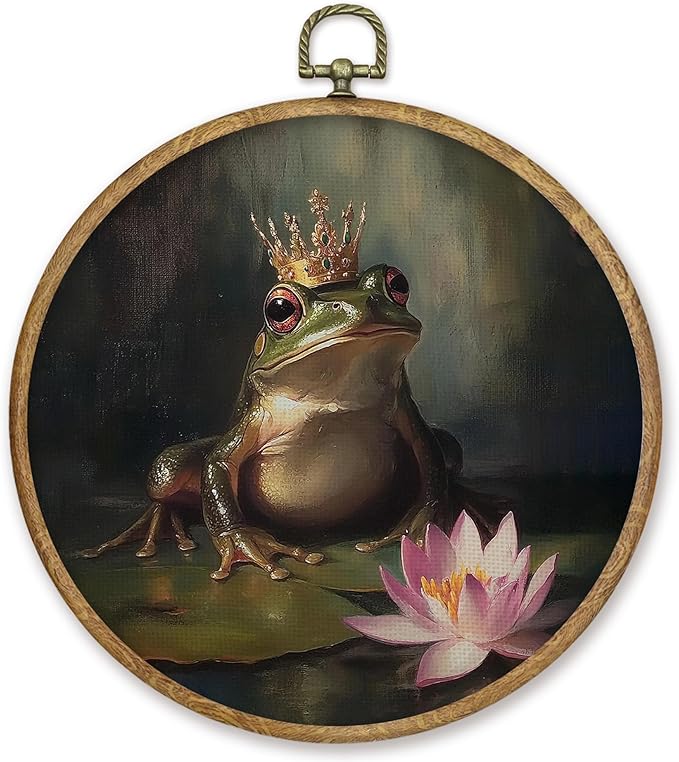 CGBHW Vintage Frog Round Wall Art Decor, Cottagecore Farmhouse Frog Canvas Prints Framed, Dark Botanical Wall Art Hanging Decor for Home Gallery Bedroom Living Room Decorations, 10x10 Inch