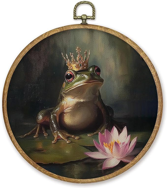 CGBHW Vintage Frog Round Wall Art Decor, Cottagecore Farmhouse Frog Canvas Prints Framed, Dark Botanical Wall Art Hanging Decor for Home Gallery Bedroom Living Room Decorations, 10x10 Inch