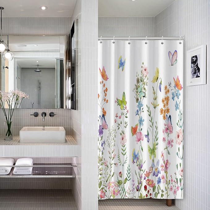 Spring Floral Butterfly Shower Curtain Summer Colorful Wildflowers Botanical Shower Curtain for Rustic Vintage Bathroom Decor Easter Shower Curtain Set 54x78 Inches