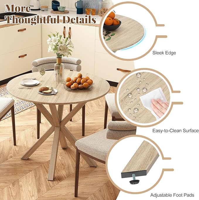 Moccha 36" Round Dining Table for 4 - Rubber Wood Kitchen Table with Intersecting Trestle Legs, Vintage Bar Table, Farmhouse Dining Room Tables for Dinette, Small Space, Restaurant, Bistro (Oak)