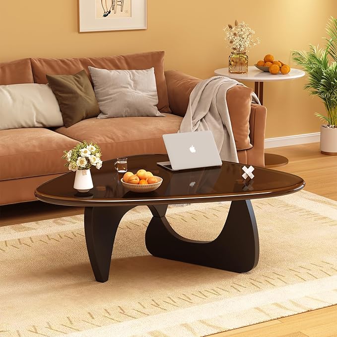 Coffee Table for Living Room Mid Century Modern Center Small Table with Glass Top and Wood, Black Brown