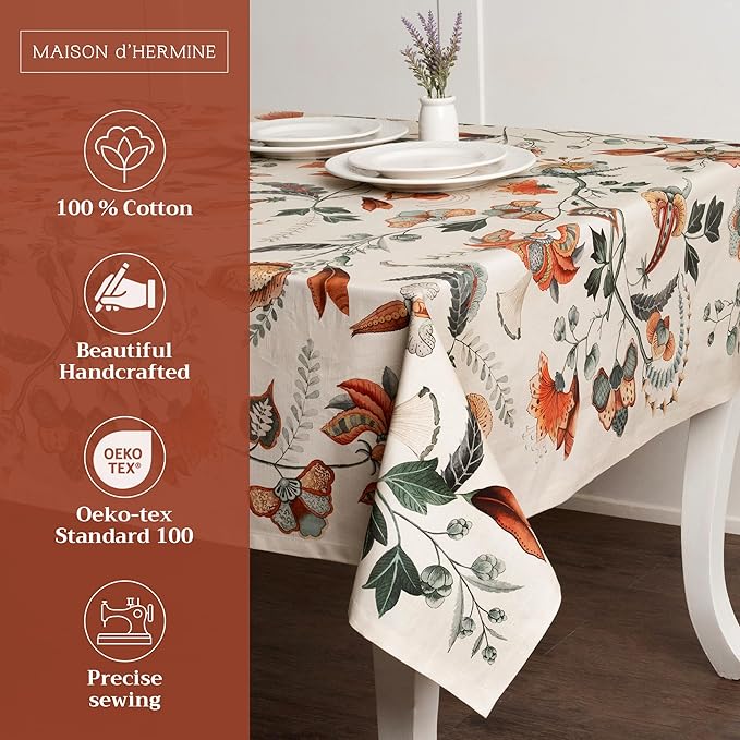 Maison d' Hermine Table Cloth Square Table 100% Cotton 60 x 60 Inches Fall Tablecloth Reusable Everyday Use for Thanksgiving Christmas Decorations Dining Farmhouse Party (Dalida)