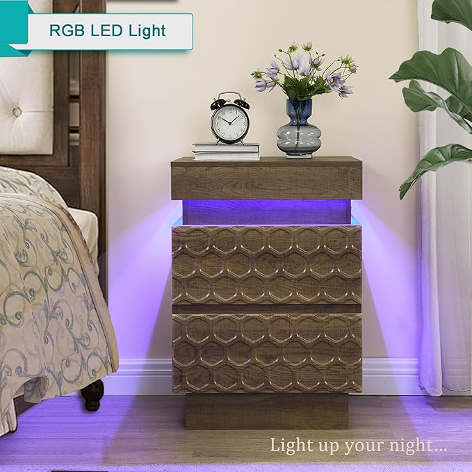 Led Nightstand with Charging Station, Hexagonal Fluted Night Stand with Sliding Top, Wooden Bedside Table with 3 Drawers, Modern Bed Side End Table for Bedroom, Living Room, Walnut Brown