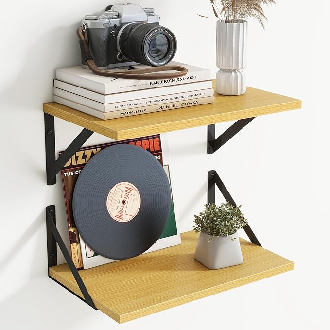 8" Deep Floating Shelves for Wall,16 inch Wood Wall Shelves Set of 2,Wide Floating Bookshelf with Sturdy Metal Brackets,Hanging Storage Floating Shelf for Living Room,Bedroom,Bathroom,Office,Oak