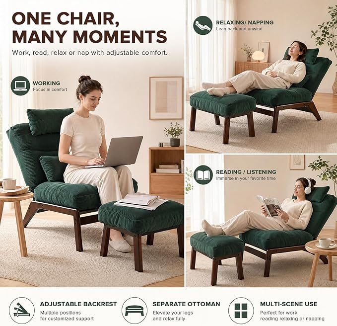 GEMBED Accent Chair with Ottoman Adjustable Backrest, Comfy Lounge Chair Single Sofa with Headrest Lumbar Pillow, Reading Chair with Footrest for Bedroom, Living Room, Green