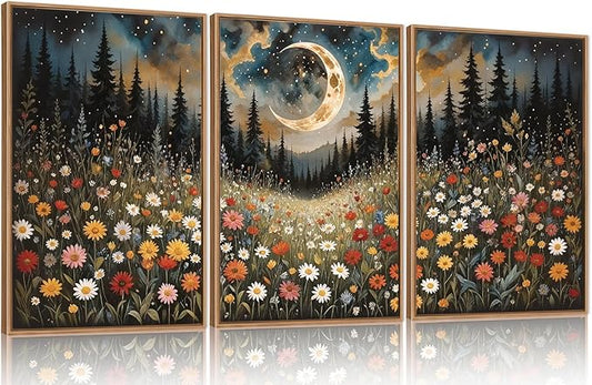 HPINUB Wildflower Moon Pine Tree Framed Canvas Wall Art Set,Nature Forest Wall Decor,Mystical Starry Night Artwork Rustic Mountain Landscape Art Print for Living Room,Bedroom,Office-24 x36 x3