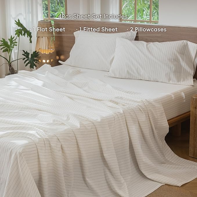 MooMee Striped Sheet Set 100% Washed Cotton Linen Like Textured Breathable Durable Soft Comfy (White Almond Milk Grey Wide Stripes, Queen)