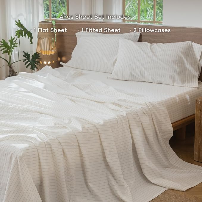 MooMee Striped Sheet Set 100% Washed Cotton Linen Like Textured Breathable Durable Soft Comfy (White Almond Milk Grey Wide Stripes, King)