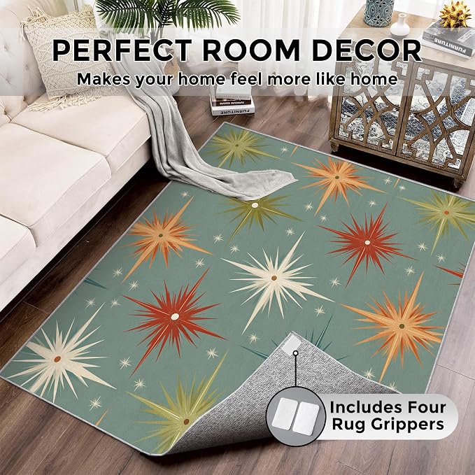 Mid Century Modern Rugs for Bedroom 5x7 ft, Starburst Area Rugs for Living Room, Washable Non Slip Low Pile Abstract Atomic Carpet, Home Decor PF-P 107