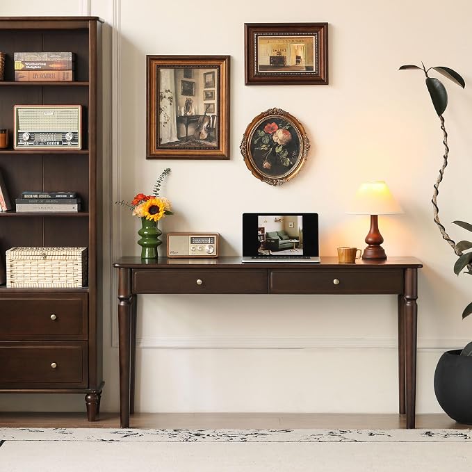 Home Office Desk, Solid Wood Computer Desk, Vintage Mid-Century Modern Writing Desk with for Study Work 47.24" W