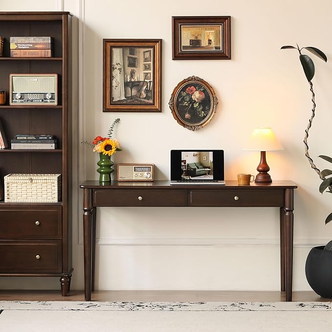 Solid Wood Work Desk, Retro Mid Century Modern Home Office Desk Featuring Drawers and Hand-Carved Legs, Multi-Functional Writing Table for Study & Daily Office Work 47.24" W