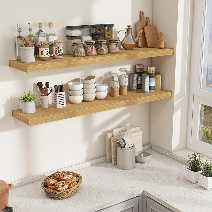 Fun Memories 55 Inch Fireplace Mantel Shelf, 10 Inch Deep Shelves for Display & Wall Storage, Rustic Wood Wall Shelf, Extra Long Floating Shelves for Living Room Laundry Room, Oak, Set of 1