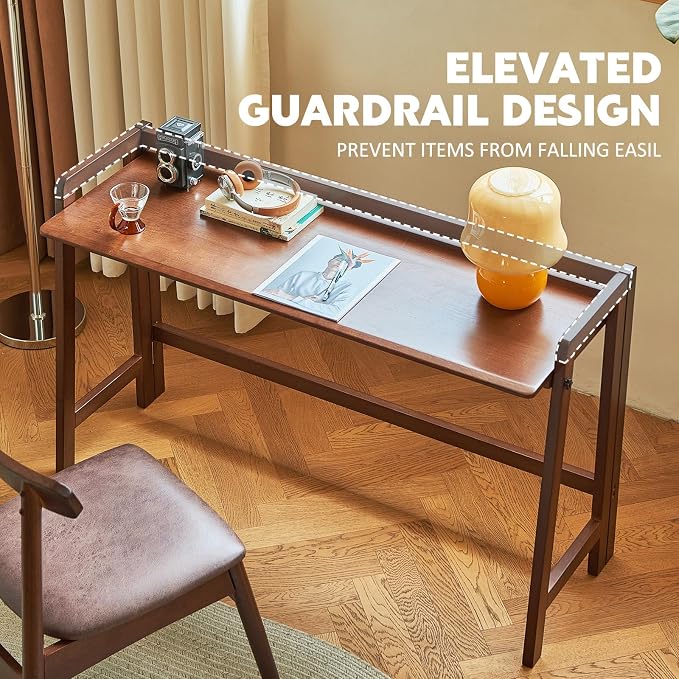Solid Wood Folding Desk Mid Century Modern Table, 55'' Foldable Writing Computer Desk for Home Office, Simple Study Makeup Workstation, Wooden Study Office Desk Table for Small Spaces, Walnut Color