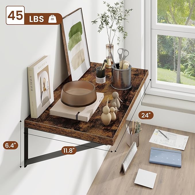 Deep Wall Shelves 24"W x 12"D Engineered Wood Floating Shelves for Wall, Sturdy Metal Bracket Bookshelves Home Decor Storage for Living Room Bedroom Bathroom Kitchen, Set of 2, Rustic Brown Finish