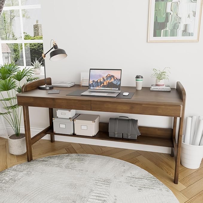 100% Solid Wood Desk with Drawers - 48 Inch Mid Century Modern Desk, Vintage Desks with Storage Shelf, Adjustable Height Writing Computer Desks with Cable Hole, Walnut Color