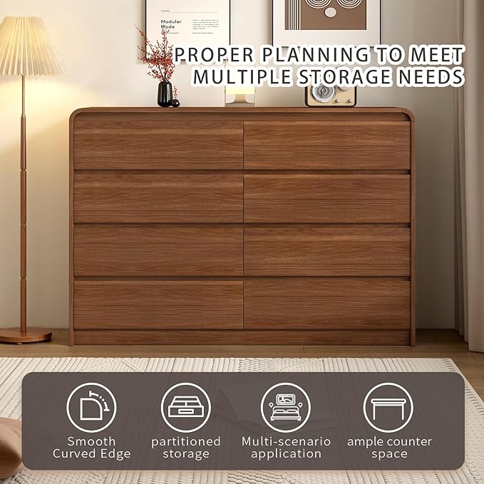 Modern 8-Drawer Dresser 55-Inch Wide, Curved Anti-Collision Design, Mid-Century Storage Cabinet with Pre-Embedded Slots, Sturdy Reusable, Ideal for Bedroom/Living Room/TV (Brown, 8-55.1)